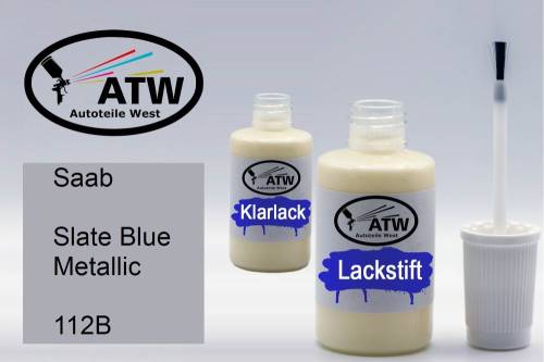 Saab, Slate Blue Metallic, 112B: 20ml Lackstift + 20ml Klarlack - Set, von ATW Autoteile West.